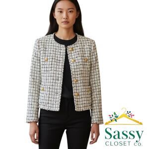 Ann Taylor White Plaid Fringe Tweed Blazer Gold Buttons NWOT Sz 12